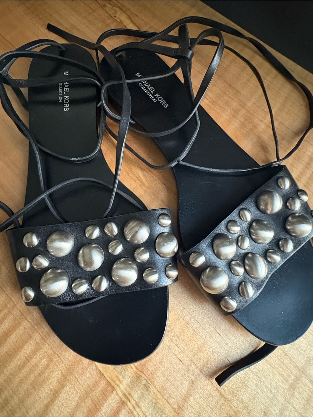 Michael Kors Collection Black Leather Lace-Up Sandals w/ Silver Dome Studs 37.5